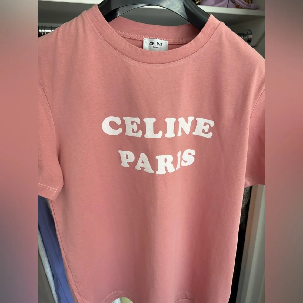 Celine Paris Logo Print Cotton T-Shirt Dust Pink Size Medium Scoop Neck Women’s - Picture 3 of 10
